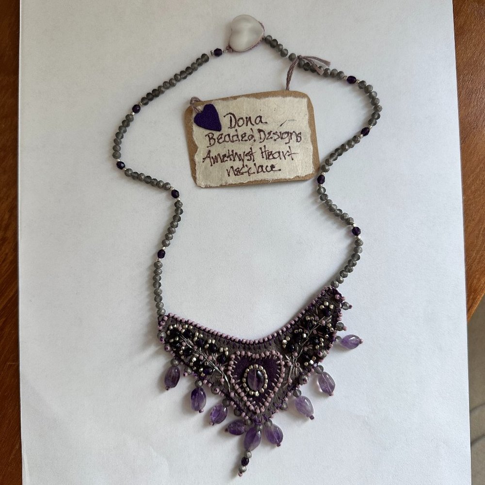 Handmade Amethyst Bib Necklace Beaded Embroidered Leather